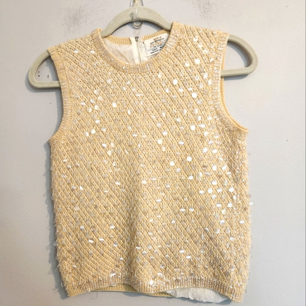 Vintage 60s CYN LES Hand Beaded Cream Wool Sequin Paillette Sweater Vest Small‎